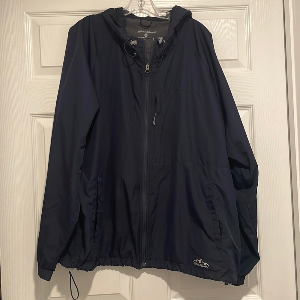 Eddie Bauer raincoat zip up front hooded navy blue adjustable waist XXL